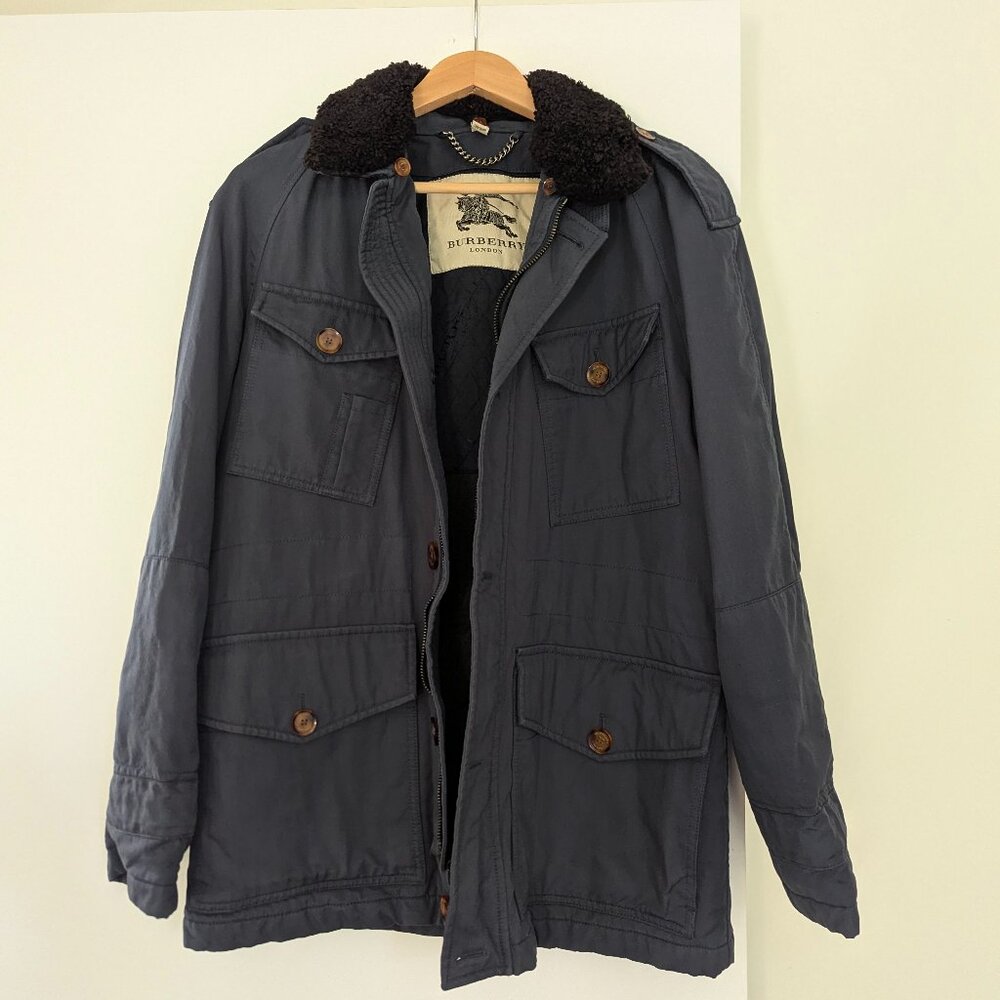 Burberry Navy Wool Field Jacket Real Shearing Removable Collar